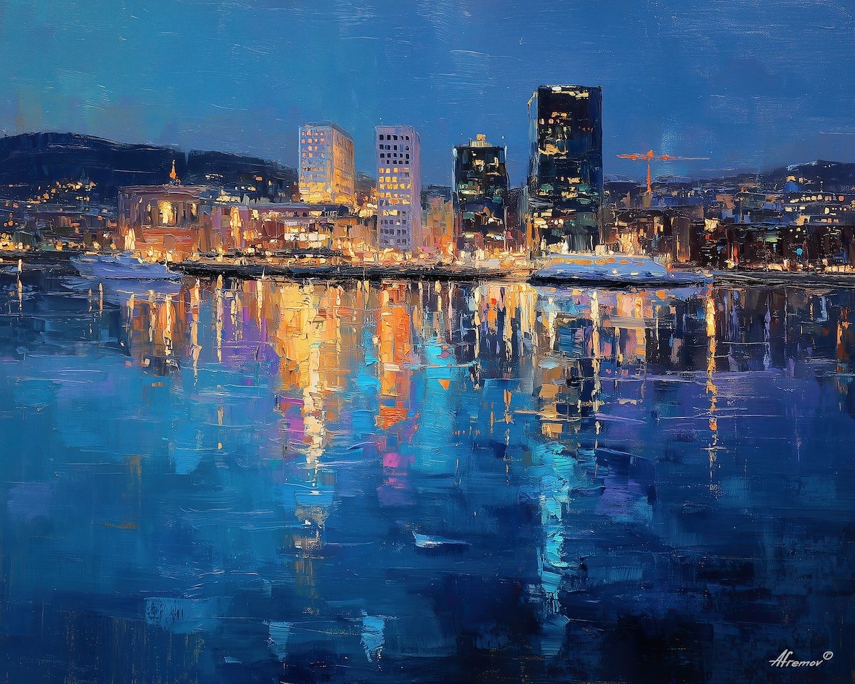 Oslo Norway skyline city lights and waterfront